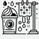 DALL·E 2024-12-20 01.23.28 - A black-and-white outline icon representing 'Dyeing,' featuring a fabric piece partially dipped in a dye bucket with color drops. The design should be
