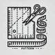 DALL·E 2024-12-20 01.23.38 - A black-and-white outline icon representing 'Pattern,' showing a paper pattern template with scissors and a measuring tape. The design should be minim