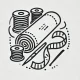 DALL·E 2024-12-20 01.24.31 - A black-and-white outline icon representing 'Sourcing (Fabric and Trim),' featuring a simple depiction of rolled fabric, a needle, and thread spools.