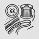 DALL·E 2024-12-20 01.35.12 - A black-and-white outline icon representing 'Trims,' featuring a button, a zipper, and a spool of thread neatly arranged. The design should be clean,